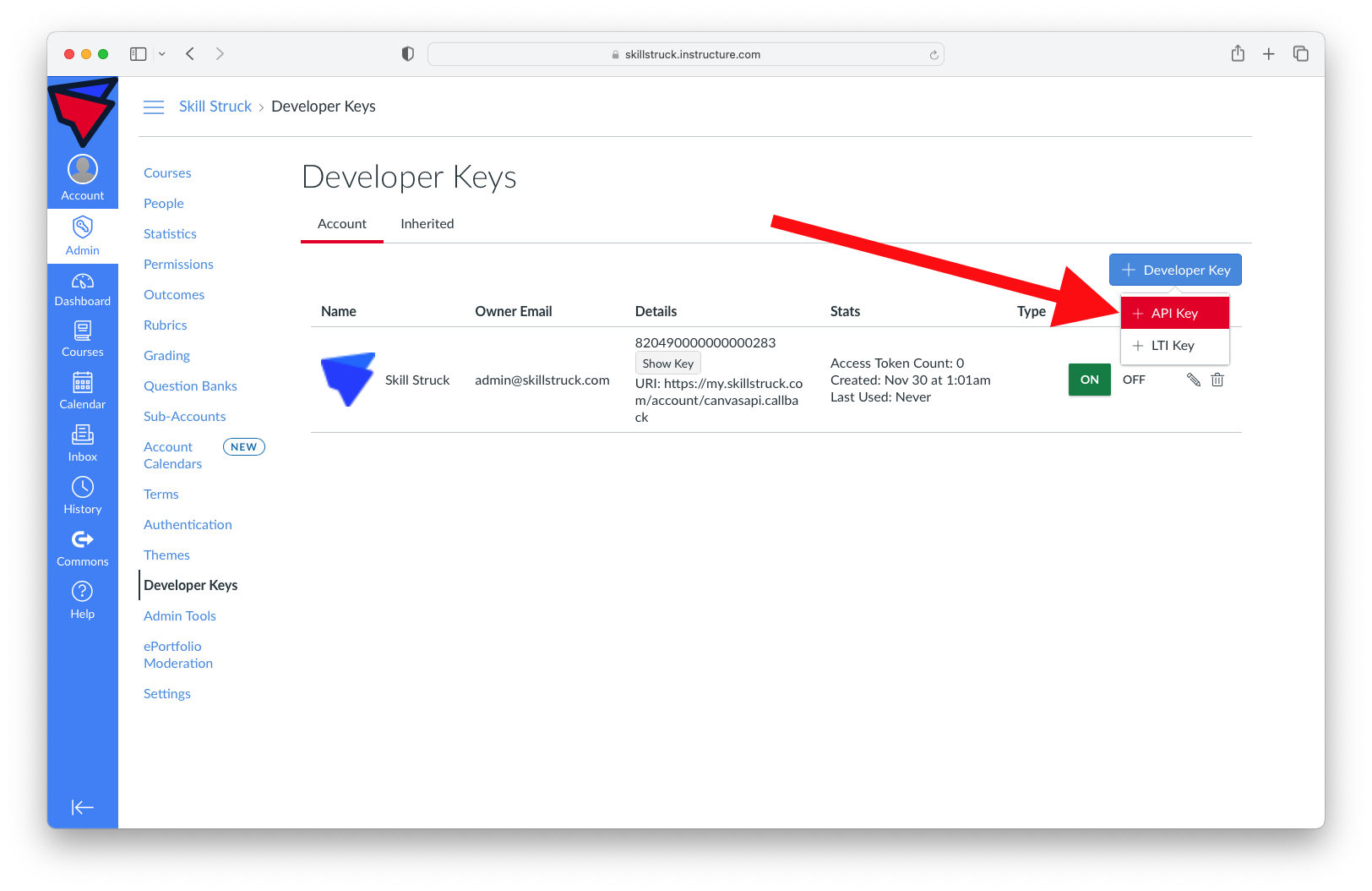 How to connect a Canvas Developer Key to Skill Struck